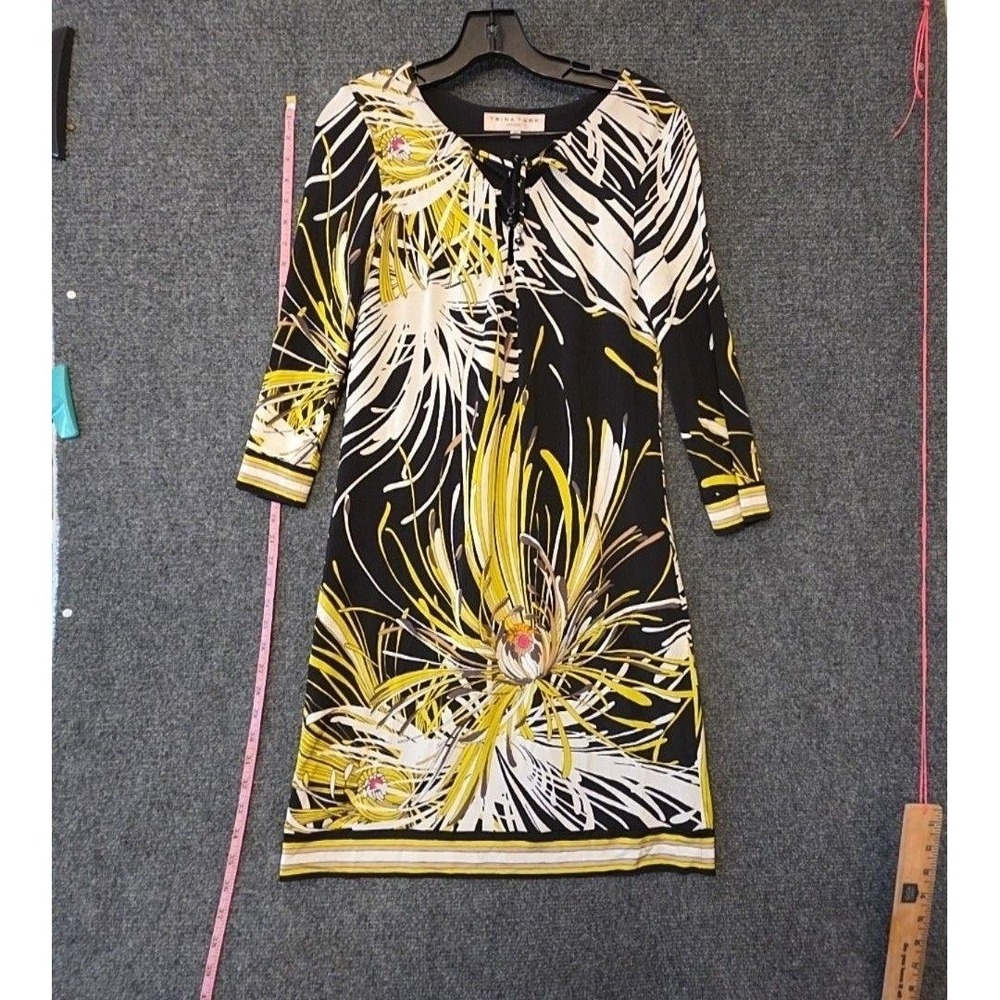 Trina Turk Dress Womens 6 Multicolor Floral Beaded Scoop Neck Shift 3/4 Sleeve